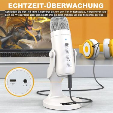 ZealSound USB мікрофон K66 перламутрово-білий, конденсаторний мікрофон для ПК, смартфонів, PS4, PS5, USB-C, для ігор, подкастів, запису, стрімінгу, зі стумом, регулюванням гейну та ефектом ехо, сумісний з Mac, Windows