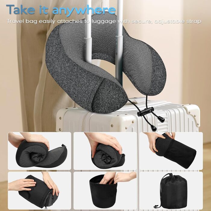 Подушка під шию для подорожей з ефектом пам'яті (Memory Foam) з 3D-маскою для сну та берушами, сіра