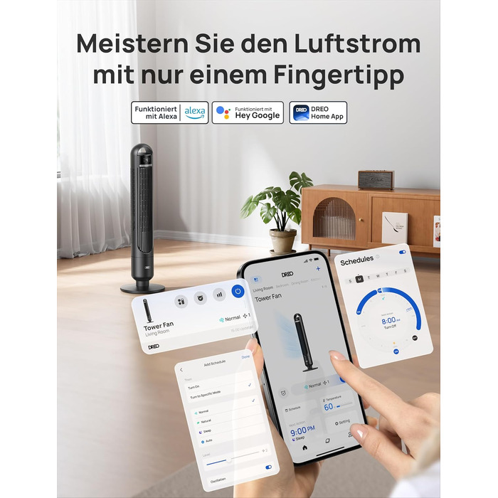 Вентилятор підлоговий DREO Smart Tower 91.5 см: тихий, з пультом, WiFi, Alexa/Google, 90° осциляція, 4 режими, таймер 8 год, для дому/офісу (чорний)