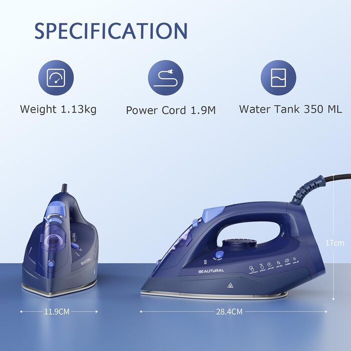 Паровий праска BEAUTURAL 2600W з керамічною підошвою, потужна подача пари, система антикрапля та антинакип, резервуар 350 мл, автовимкнення, синя