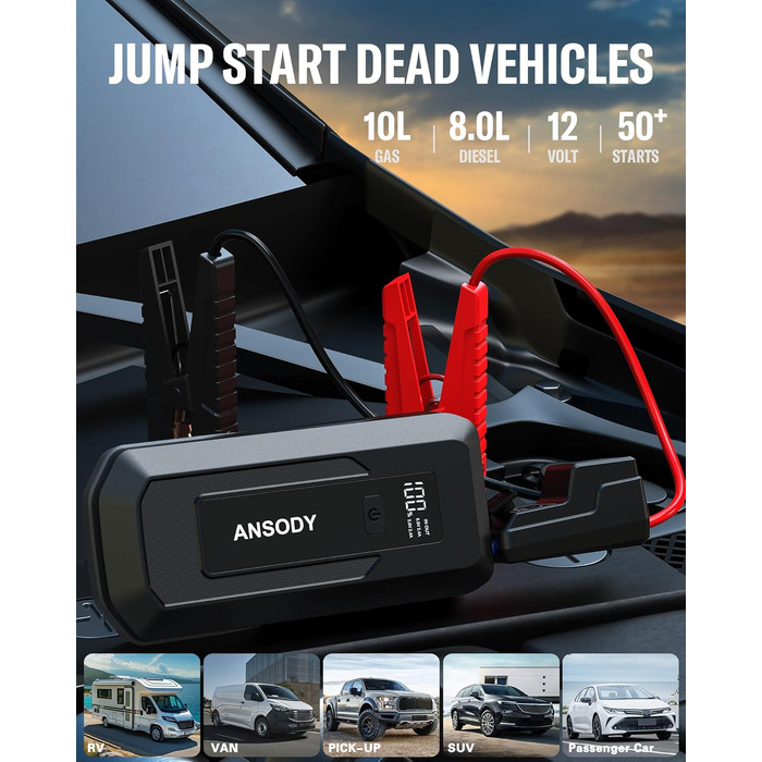 Бустерний пускач автомобіля 3000A Powerbank для авто 12V (до 10л бензин/8л дизель) з LED-ліхтарем та пусковими кабелями, сірий