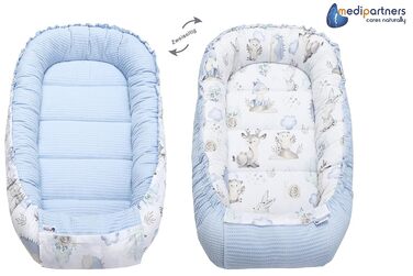 Дитяче гніздо-лежак Medi Partners з бавовни Waffle, 100x60x15 см, для немовлят, з принтом оленя та їжака, світло-блакитне, безпечний замок, переносне ліжечко