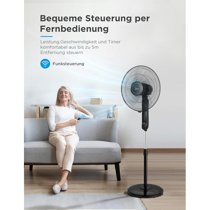 Вентилятор підлоговий Midea FS40-15FR з пультом, 3 режими, LED дисплей, таймер, регульована висота, чорний