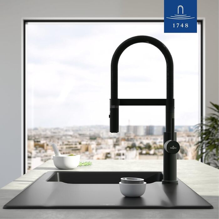 Змішувач кухонний Villeroy & Boch Steel Expert Compact, чорний матовий, з висувним гусаком та перемикачем, висота 170мм