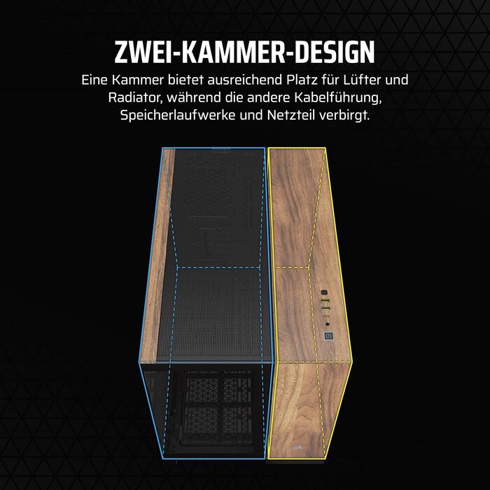 Корпус для ПК CORSAIR 2500X mATX, подвійна камера, загартоване панорамне скло, сумісний з реверсивним підключенням материнської плати, без вентиляторів, чорний/горіх