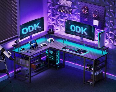 Ігровий стіл ODK з LED-підсвіткою, реверсивний кутовий комп'ютерний стіл 168×120 см, з 2 розетками, 2 USB-портами, мережева полиця, карбон, чорний