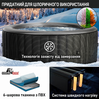 Надувний СПА-басейн BRAST MSpa Starry з LED-підсвіткою для 6 осіб, 204x70 см, 138 гідромасажних форсунок, енергозберігаючий таймер, функція нагріву та масажу, для вулиці та приміщення