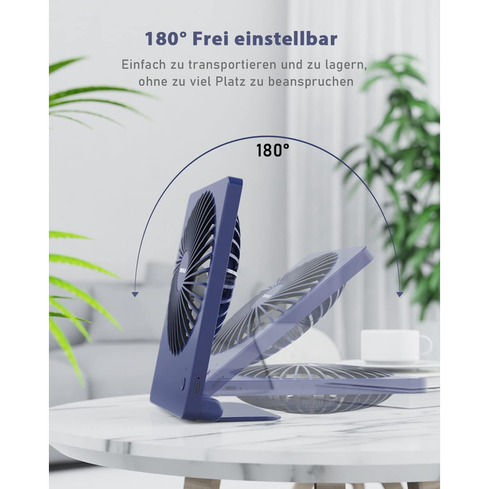 Вентилятор настільний TriPole з акумулятором USB, 2000mAh, 3 швидкості, низький рівень шуму (30дБ), кут нахилу 80°, для офісу, подорожей, темно-синій