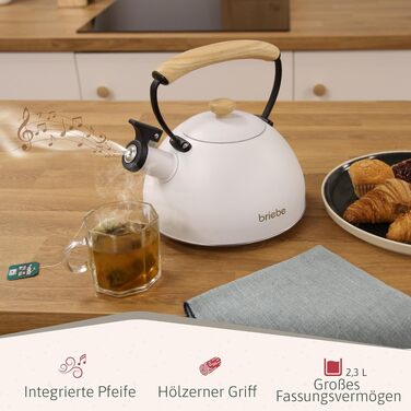 Тостер Briebe Nordic Set 2-слотовий з підставкою для булочок, 6 рівнів підсмажування + Електричний чайник індукційний 2.3л, нержавіюча сталь, без BPA, набір для сніданку в скандинавському дизайні, білий