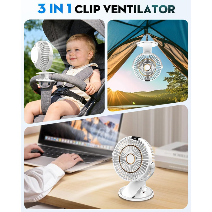 Портативний USB вентилятор COZII Mini з LED-дисплеєм, 5 швидкостей, 720° поворот. Для дому, офісу, дитячого візочка. Білий