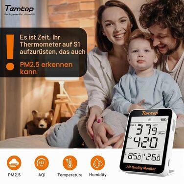Монітор якості повітря Temtop S1: вимірювач PM2.5, AQI, температури та вологості, для дому та офісу, подовжений термін роботи батареї (60 днів)