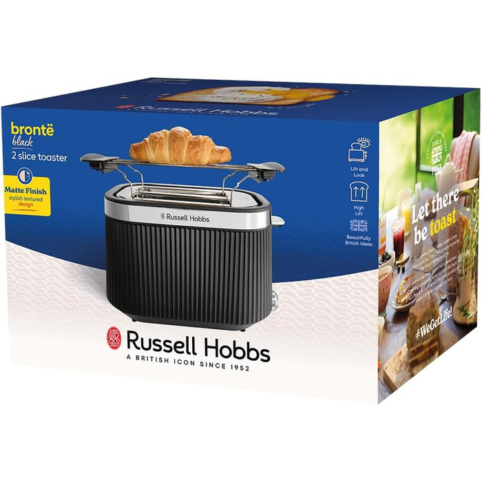 Тостер Russell Hobbs Brontë Stone 26761-56 (2 тости, чорний) з 6 режимами, підігрівом, розморожуванням та підйомним механізмом