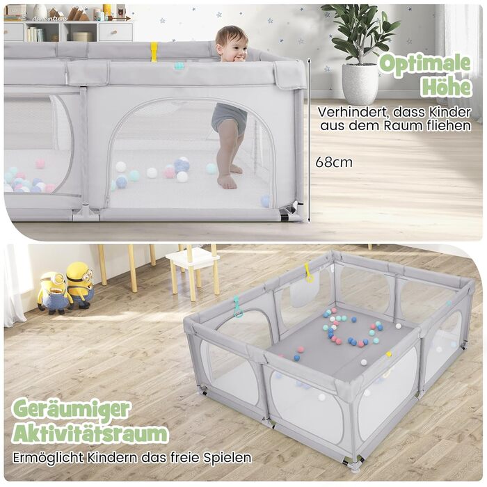 Манеж для немовлят COSTWAY 189x158 см з 50 кульками, 4 кільцями, 4 дверцятами на блискавці, дихаюча сітка, без матраца, світло-сірий