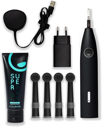 Електрична зубна щітка Happybrush Eco R2 - екологічна, з ротаційним механізмом, чорна, з 3 насадками та пастою. Рекомендовано експертами.