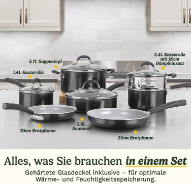 Набір посуду Cuisinart Ceramica XT 11 предметів: каструлі, сковороди, сотейник, пароварка, антипригарне керамічне покриття з титановим зміцненням, без PTFE, PFOA та PFAS, чорний