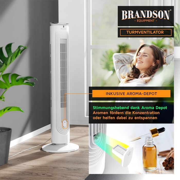 Вентилятор вежний Brandson з аромадифузором, нічний режим, тихий, пульт ДУ, 4 режими, 5 швидкостей, LED дисплей - білий