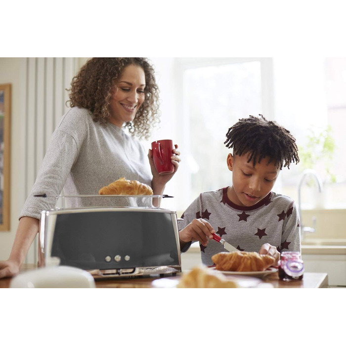 Тостер Russell Hobbs Luna Edelstahl Grau для 2-х скибочок хліба (широкі слоти) з підставкою для булочок, 6 режимів підсмажування, розморожування та підігрів - 23251-56