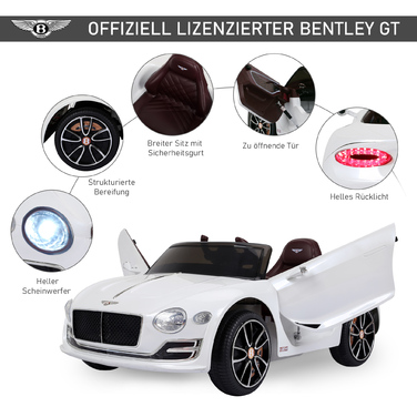 Дитячий електромобіль Bentley GT ліцензійна модель з пультом дистанційного керування, 2 x 390 двигуни, білий колір, розміри 108 x 60 x 43 см