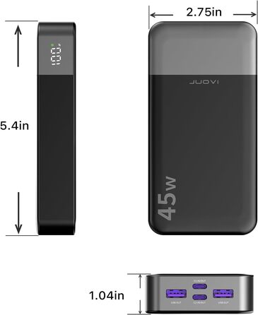 Портативний Power Bank JUOVI J2621, 20000mAh, 45W, сумісний з Switch, MacBook, iPhone, Samsung, Steam Deck та іншими пристроями (чорний)