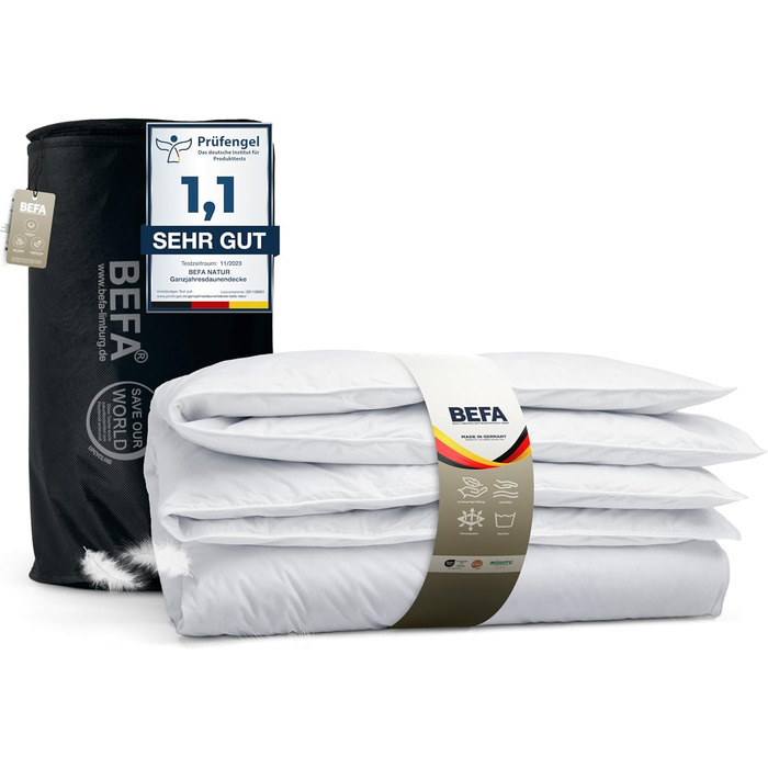 Зимова пухова ковдра BEFA NATUR 155x220 см, 60% пух, 40% перо, гіпоалергенна, сертифікат OEKO-TEX 100, Made in Germany