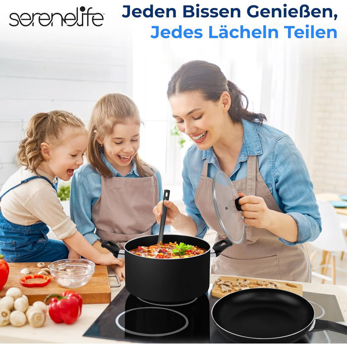 Набір кухонного посуду SereneLife 15 предметів: антипригарні каструлі та сковорідки з кришками, термостійкі, можна мити в посудомийній машині, чорний колір