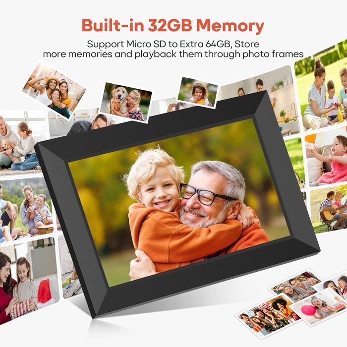 Цифровий фоторамка Frameo 10.1 дюйма WiFi, IPS сенсорний екран, 32GB, автоматичне обертання, для стін, миттєва відправка фотографій