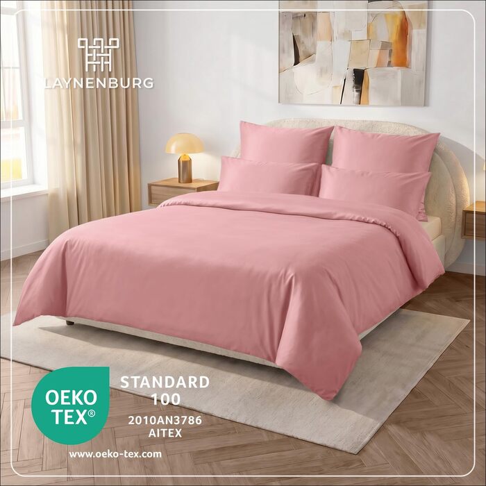 Постільна білизна LAYNENBURG Premium Mako Satin, 100% бавовна, охолоджуюча літня серія Oeko-TEX 100, рожева (155x220 см + наволочка 80x80 см)