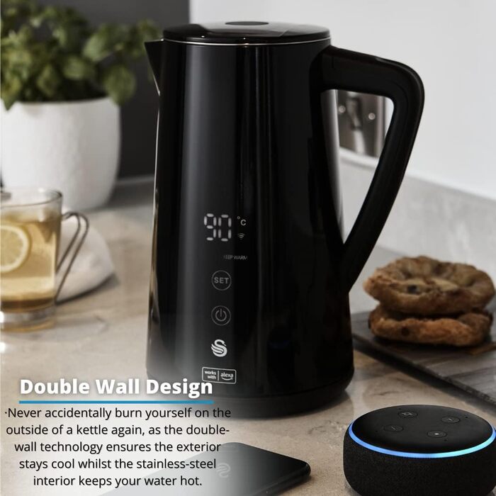 Електрочайник Swan Alexa Smart 1,5 л, WiFi, сенсорний LED-дисплей, підтримка температури, ізольована сталева колба, 1800 Вт, чорний, SK14650BLKN, британська вилка