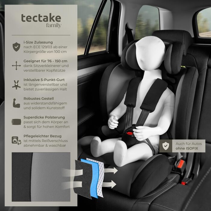 Автокрісло Tectake з 5-точковим ременем, i-Size, бічний захист, для дітей 76-150 см (до 36 кг), бустер, темно-сірий/чорний