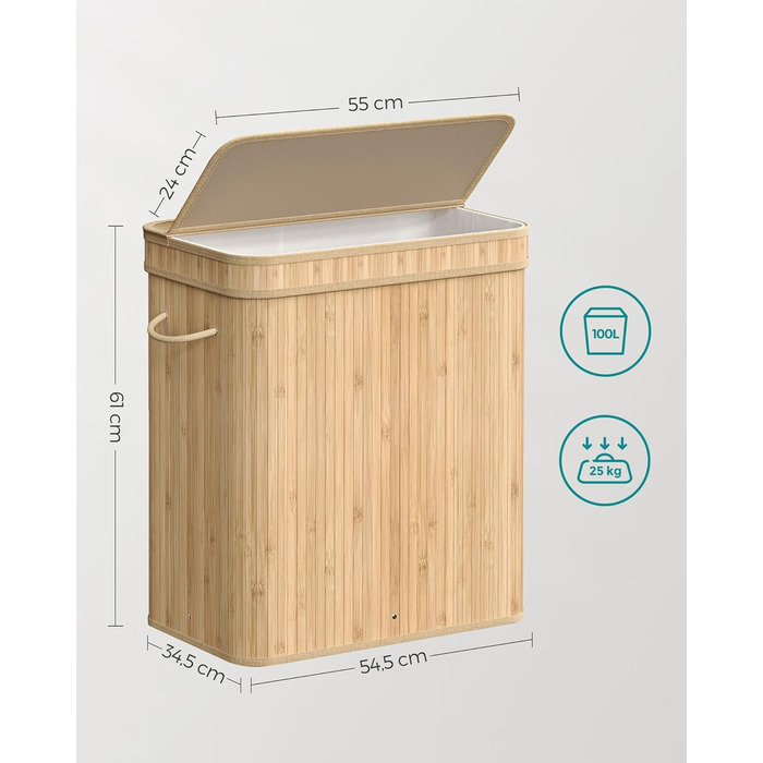 Кошик для білизни SONGMICS з кришкою, 100 л, бамбук, знімний мішок, ручки, натуральний бежевий