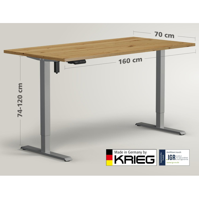 Електричний стіл KRIEG HighDesk SMART з регулюванням висоти - стіл для сидіння та стояння, 160x70 см, срібло/дуб