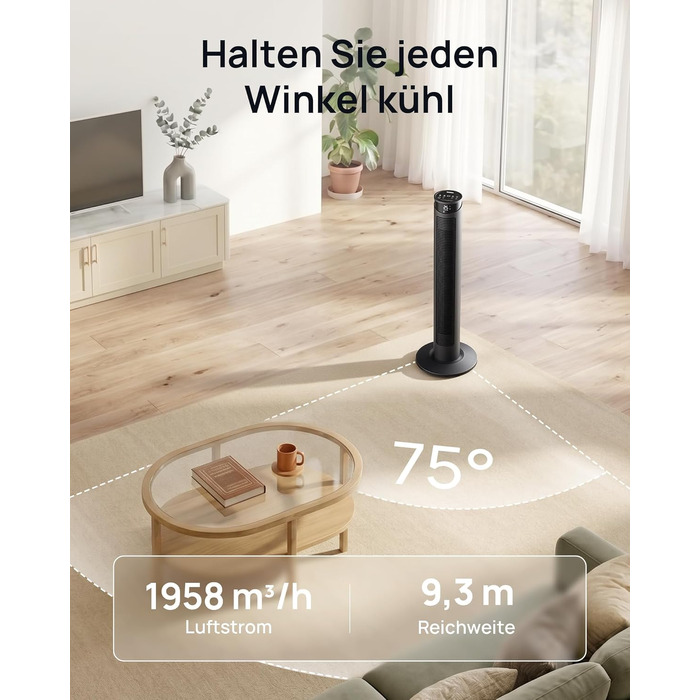 Тихий вежний вентилятор з пультом 25dB, 40W, 4 режими, 75° осциляція, таймер 12 год, 93 см