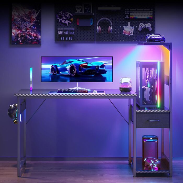 Ігровий стіл Coleshome з LED підсвіткою 120x48 см, чорний карбон: стіл для комп'ютера з шухлядами та полицею, тримачем для навушників