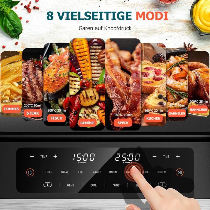 Фритюрниця без олії Heißluftfritteuse Double Stack 12L з подвійними камерами, 10 програм, сенсорний екран, таймер, чорна