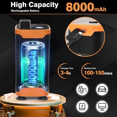 Портативний кемпінговий душ Uplayteck з акумулятором 8000mAh, помпою, фільтром та індикатором температури, водонепроникний IPX8, шланг 2м — для подорожей, кемпінгу та саду