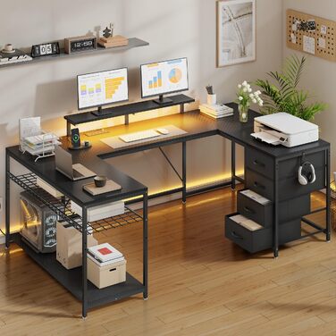Кутовий письмовий стіл YITAHOME з 4 шухлядами, LED-підсвіткою та USB, 158x100 см - для геймінгу та домашнього офісу, чорний