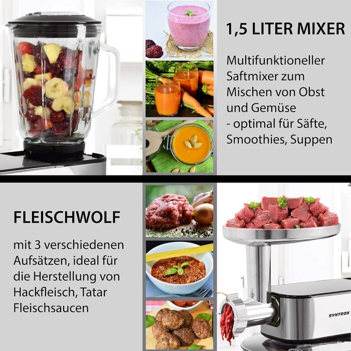 Кухонна машина Syntrox Germany KM-1300W де Люкс, тістоміс, міксер, м'ясорубка, LCD-дисплей, чаша з нержавіючої сталі 7 л, червона/чорна