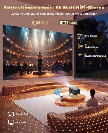 Smart Beamer 4K з Google TV та Bluetooth: LED проєктор для дому та вулиці з автофокусом, HDR10, WiFi, 360° обертання, підтримка HDMI