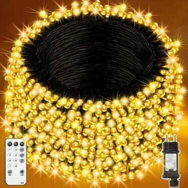 Світлодіодна гірлянда вулична 50м, 500 LED теплий білий колір, водонепроникна IP44 з пультом керування, таймером та 8 режимами роботи (чорний дріт)