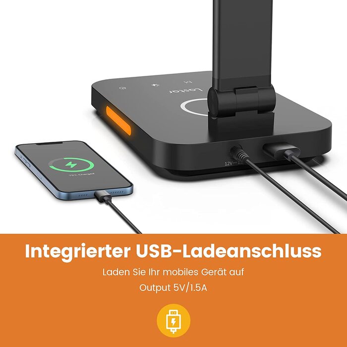 Світлодіодна настільна лампа LASTAR з бездротовою зарядкою, USB-портом, сенсорним керуванням, 5 режимами кольору, захистом для очей, пам’яттю та 5 рівнями яскравості, сучасна чорна