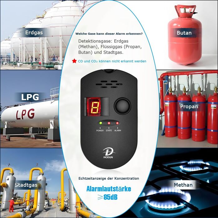 Детектор газу D MODUN для природного газу, LPG та коксового газу — цифровий монітор витоку метану, пропану та бутану з акустичним сигналом та LED-дисплеєм для кухні, кемпера та гаража, чорний