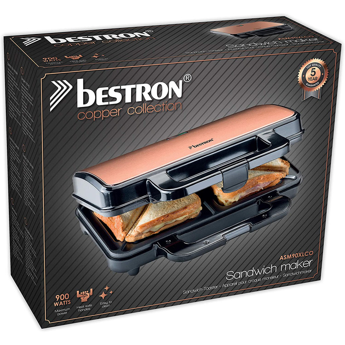 Сендвічниця Bestron XL на 2 сендвічі, антипригарна, автоматичне регулювання температури, 900 Вт, чорна/мідна