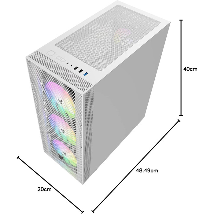 Oversteel Azurite ігровий корпус для ПК, білий, ATX/Micro ATX/ITX, 4 вентилятори 120 мм A-RGB, сітчаста передня панель, загартоване скло, USB 3.0, вертикальний монтаж