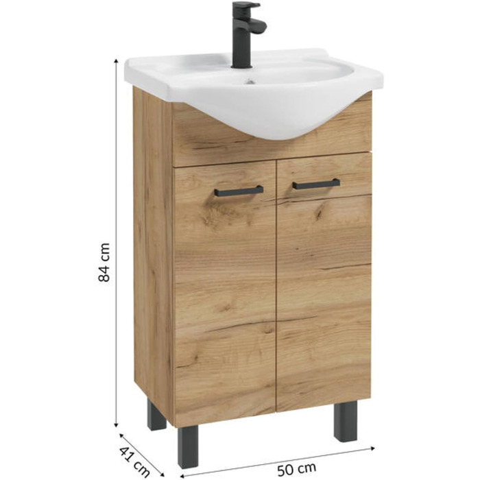 Domodomo Підлогова тумба для ванної з умивальником 85x50x41 см, кераміка, дуб Craft, з шухлядою, сифоном і змішувачем