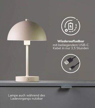 mokebo LED настільна лампа бездротова, акумуляторна, димована та заряджається через USB-C 'Маяк', вінтажна лампа-вазон, грибна лампа, нічник з бежевого металу, тепле біле світло