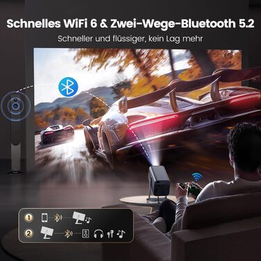Smart-проектор Mini Beamer 4K Full HD 1080P, 600 ANSI люмен, автофокус, автокорекція трапецієподібних викривлень, WiFi 6, Bluetooth, 360° поворот, короткофокусний, сріблястий
