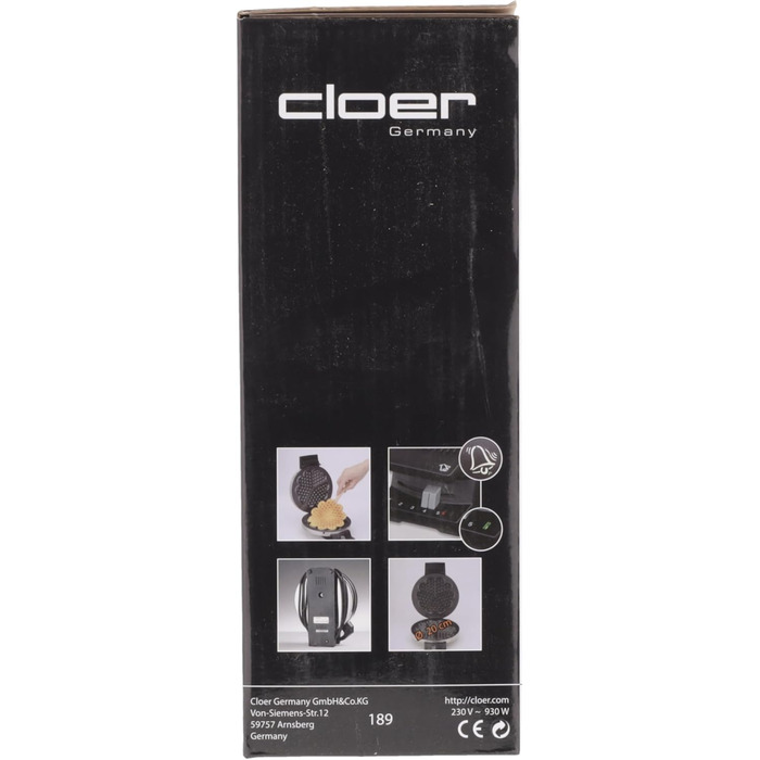 Вафельниця Cloer 189 для серцевидних вафель, подвійне антипригарне покриття, 930 Вт, діаметр 16 см, важкі пекарські пластини, звуковий і світловий сигнал, корпус із нержавіючої сталі