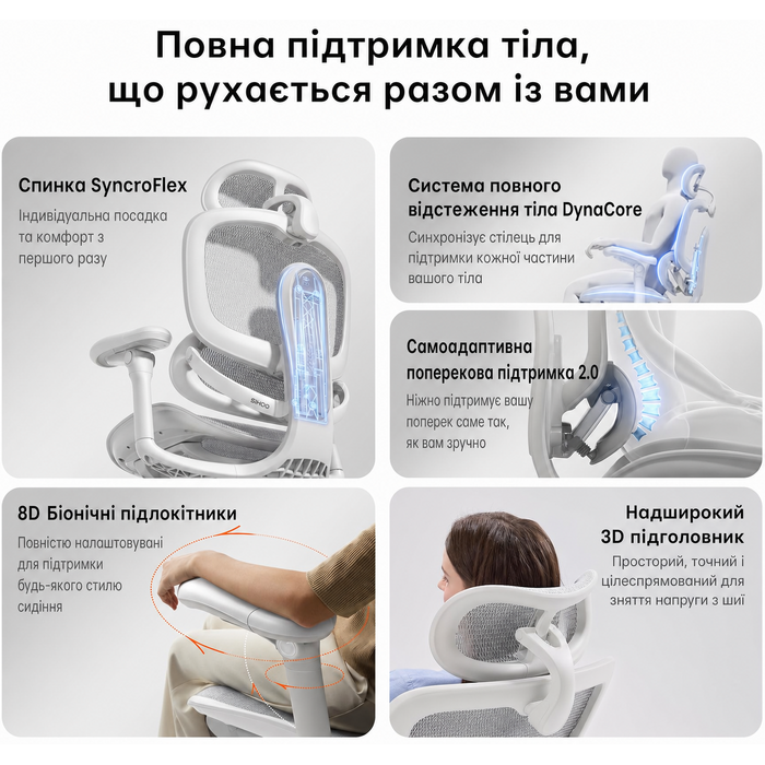 Офісний стілець SIHOO Doro C300 V2 Pro: ергономічний, з сітчастою спинкою, 8D підлокітниками, регульованою поперековою підтримкою та 3D підголовником, білий