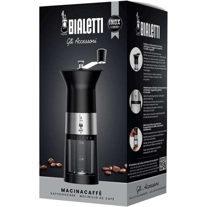 Ручна кавомолка Bialetti з нержавіючої сталі, матова чорна