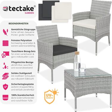 Комплект садових меблів tectake® з поліратану: 2 крісла з підлокітниками та стіл з скляною стільницею, змінні чохли, для балкона та саду, світло-сірий